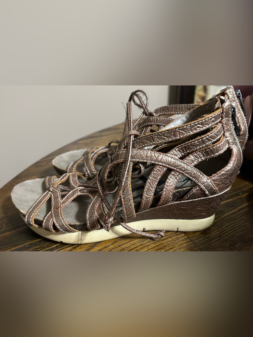 OTBT Bronze Metallic Lace-Up Wedge Sandals
